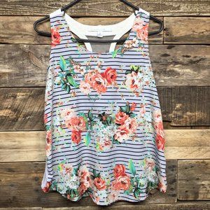 LC Lauren Conrad Tank Top Mesh Back Striped Floral Print Size M